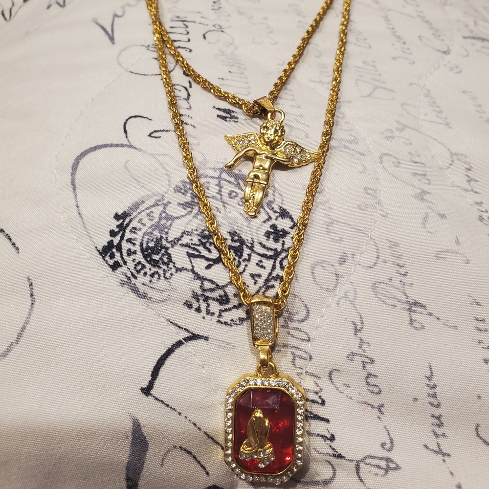 Double layer Cherub and praying hands necklace